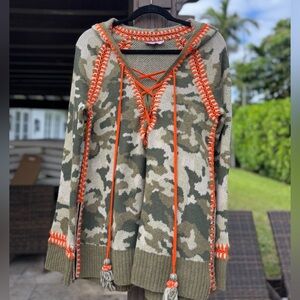 Calypso Camouflage Knit Sweater with Orange Accents